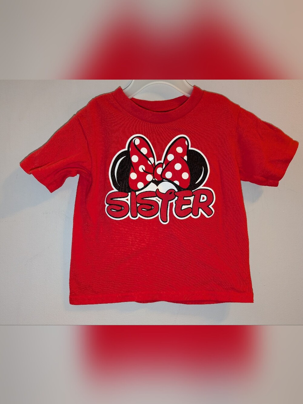 🎀 Disney Red Graphic 'Sister' Girls Tee Minnie Mouse Ears Polka Dot Bow 12-18